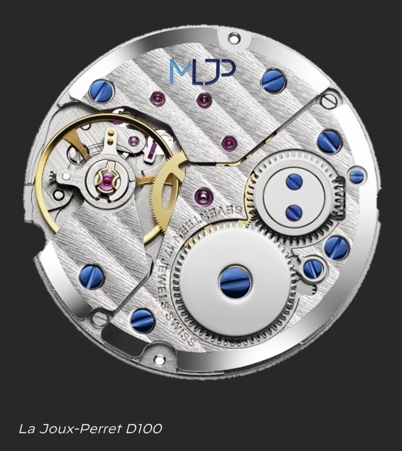 La Joux-Perret D100 hand-wound movement with the MLJP mark and blue screws