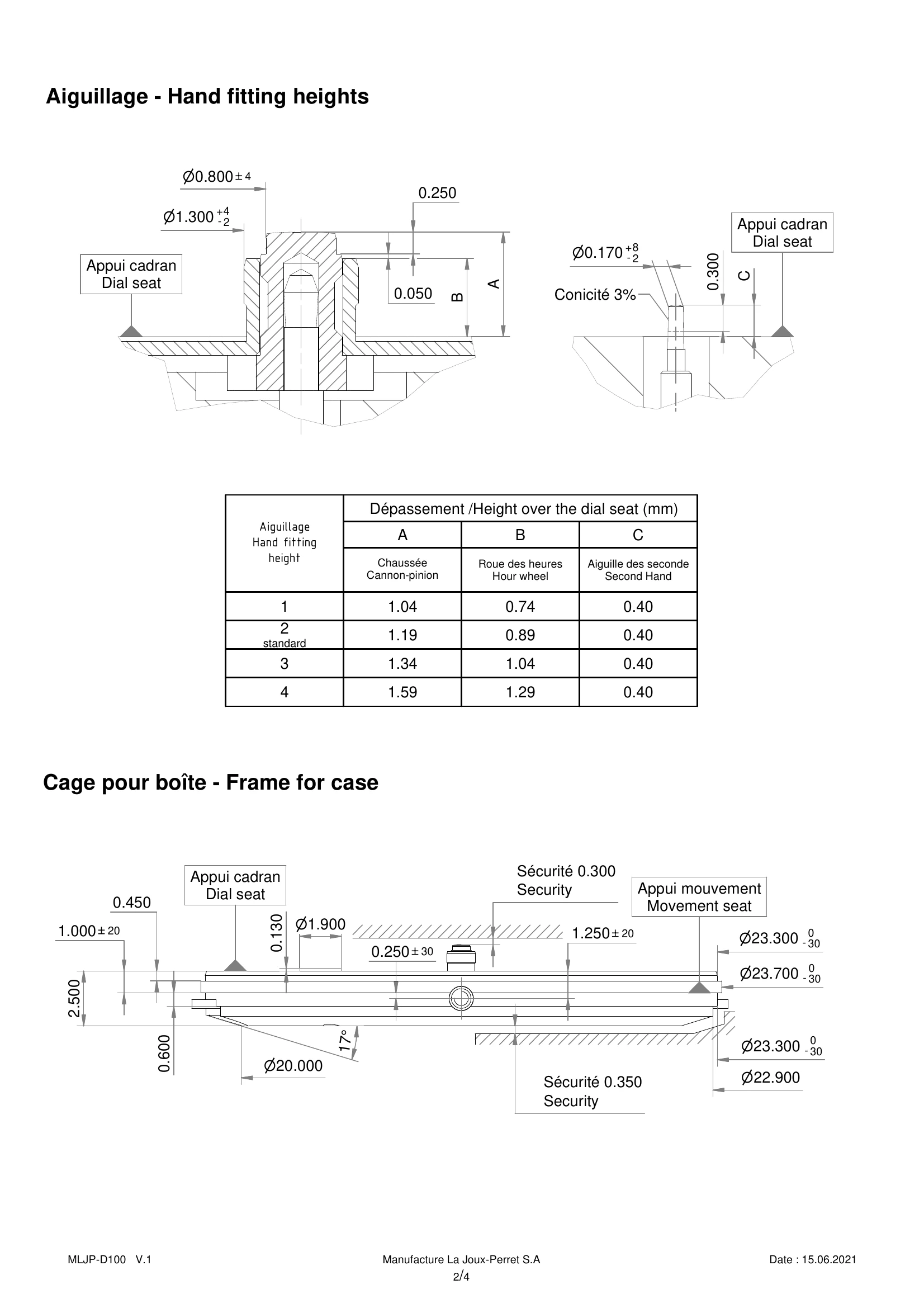 La Joux-Perret D100 technical sheet, page 2: hand fitting heights and case fitting dimensions