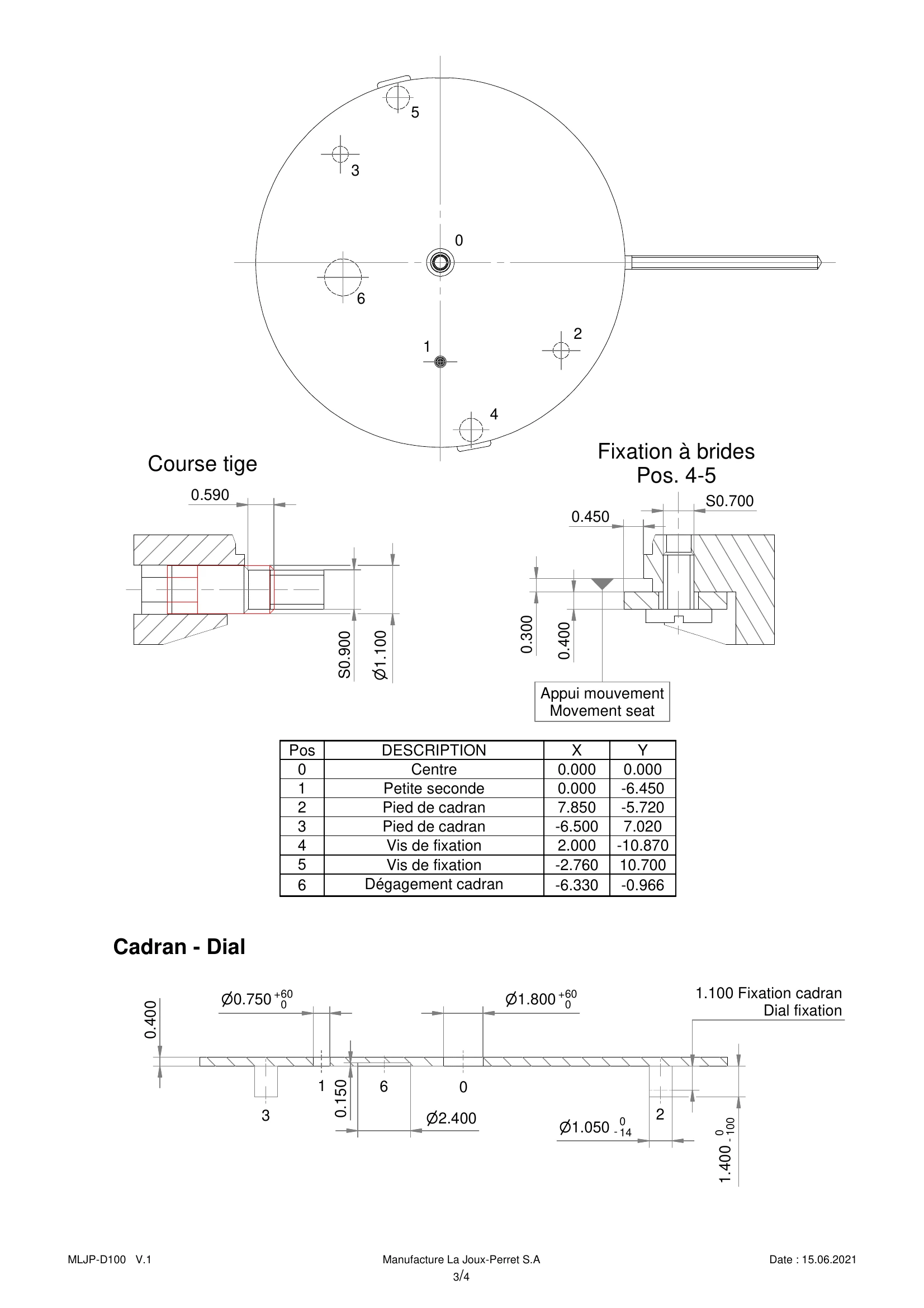 La Joux-Perret D100 technical sheet, page 3: dial locations, fastening positions and dial dimensions