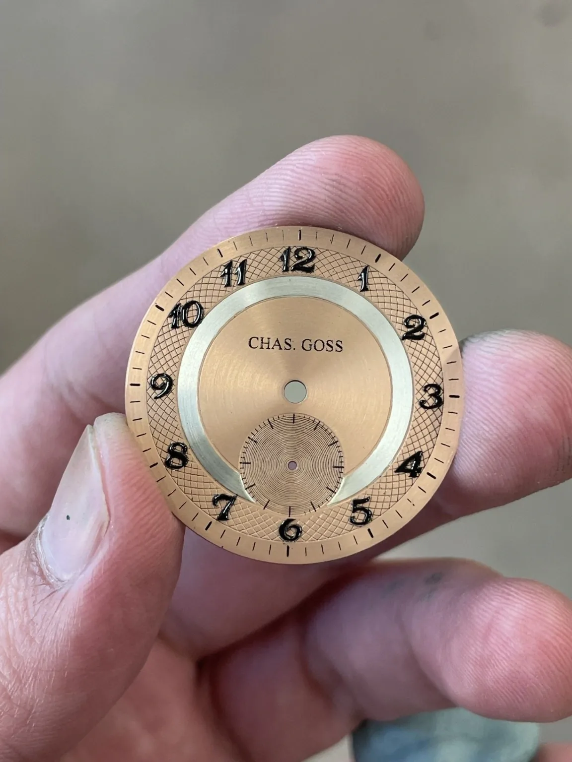Premiere dial prototype with applied numerals and printed markings, with lighting and color adjusted to match the unnumbered dial photograph